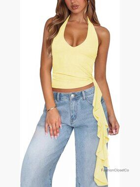 Women's Mesh Open Back Tie Halter Tank Top Deep V Neck Club Vacation Top